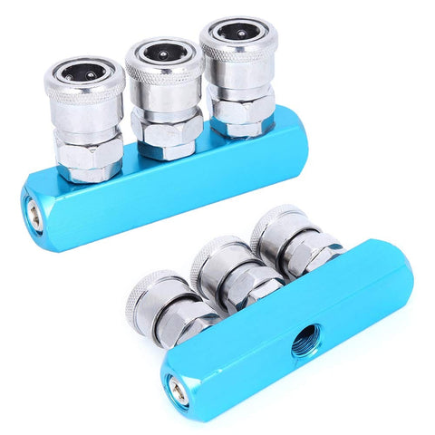 Aluminum Quick Connect Air Hose Coupler with Push In Design, shown in blue, durable manifold connector for air compressors.