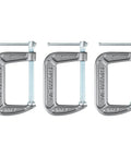 Heavy Duty Cast Iron C Clamps Set For Woodworking And Metalworking, 3 inch jaw opening, side view of 3 clamps on white background