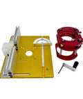 Heavy Duty Router Lift With No Sweat Measuring Gauge And Rock Solid Aluminum Router Table Insert Plate For Quick 65mm Motor Mount And Smooth Woodworking Trim Tasks Gold Finish showing the lift platform and router components.