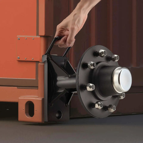 Tough As Nails 8 Lug Shipping Container Wheel Kit Featuring Beefy Cold Rolled Steel Axle, direct mount setup in use.