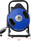 Pro Grade Electric Drain Auger With 60 Ft Flexible Wire Cable And Four Swappable Cutters showing blue drum and electrical cord.