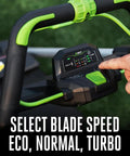 Close-up of Electric Cordless Self Propelled Lawn Mower With 22 Inch Aluminum Deck's control panel showing eco, normal, turbo speeds