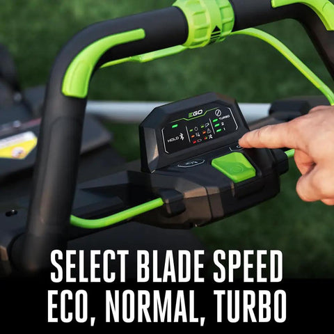 Close-up of Electric Cordless Self Propelled Lawn Mower With 22 Inch Aluminum Deck's control panel showing eco, normal, turbo speeds