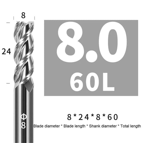 Powerhouse Solid Carbide End Mill With Three Flutes, 8mm diameter, 24mm blade length, designed for precise CNC machining.