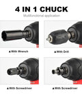 4-in-1 chuck attachments for Cordless One Half Inch Impact Wrench Kit With Brushless Motor 20V Max Rechargeable Lithium Ion Battery And Charger Includes Six Sockets Lightweight Yet Powerful Pro Grade Tool For Auto Shop And Home Projects Auto Stop Nut Guard 260 Nm Torque, showing wrench, drill, screwdriver tools.