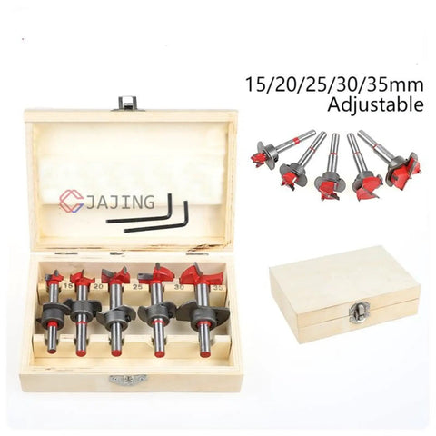 Adjustable Forstner Wood Drill Bits 5 Piece Carbide Tipped Set No Sweat Boring For Cabinet Hinges in storage case.