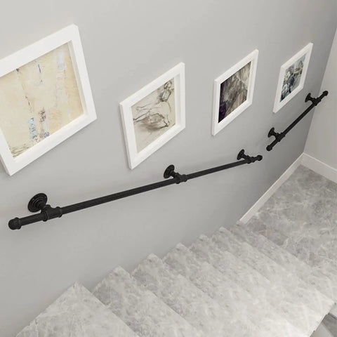Built Like A Tank Wall Mount Handrail Stair Railing Bracket Complete Black Wrought Iron Kit Outdoor Indoor Step Support 19 Foot Long, installed along indoor staircase.