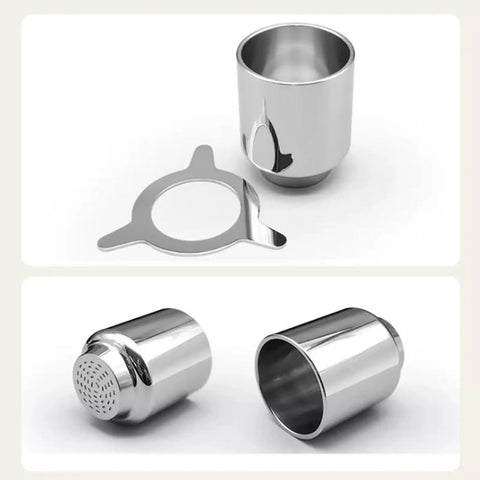Rock Solid Stainless Steel Pour Over Coffee Dripper With Fine Mesh Metal Filter For Zero Paper Nonsense And Camp Ready Brewing, showing dripper and filter.