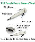 110 punch down impact tool with wire hooks, wire cutter, and wear-resistant cutter head for network installations