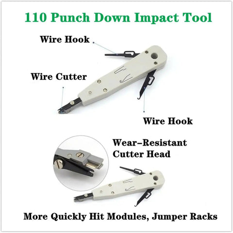 110 punch down impact tool with wire hooks, wire cutter, and wear-resistant cutter head for network installations