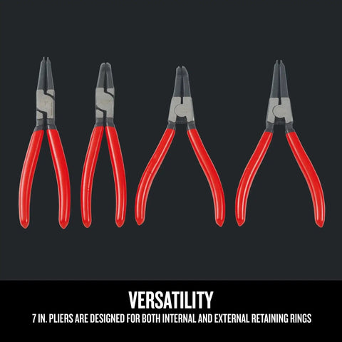 4 pliers from 25-Piece Pliers Set With Durable Stainless Steel Blades, red handles, suitable for internal and external retaining rings.