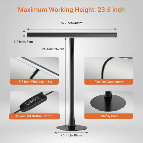 All In One Tall Flexible LED Desk Lamp With Gooseneck, 1000LM, 10W, 3 Color Modes, Diagram Showing Dimensions and Features
