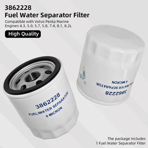 Fuel Water Separator Filter for marine engines compatible with 4.3L to 8.2L, dual function, shown with 3862228 label