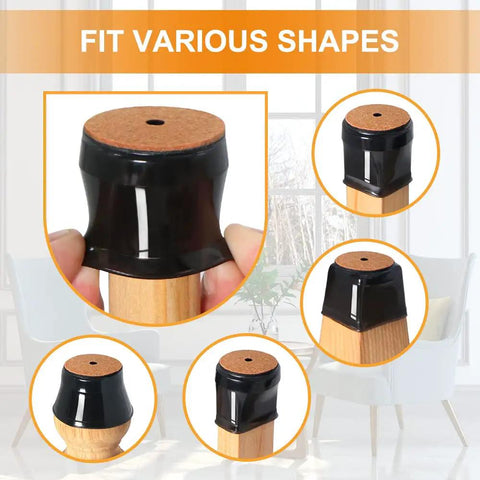 Crazy Easy Silicone Chair Leg Protectors For Hardwood Floors 24 Pack Slip On Floor Caps fit various leg shapes shown.