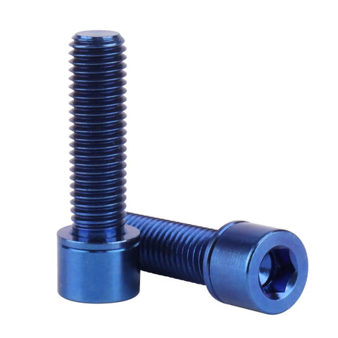 Top Shelf Grade 5 Titanium Hex Bolts M7 25 Millimeter Size With Included Flat Washers Built Tough Ride Ready Rust Proof Bike Hardware Upgrade Pack Of 4 Blue close-up view of two bolts