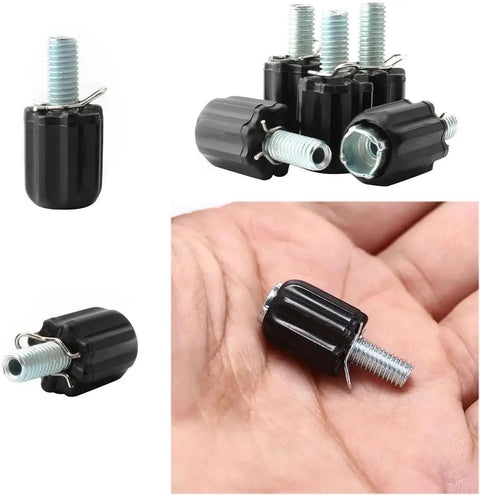 6 Pack M5 Rear Derailleur Barrel Adjusters for Precise Cable Tension in black steel and ABS material, shown in hand and grouped.
