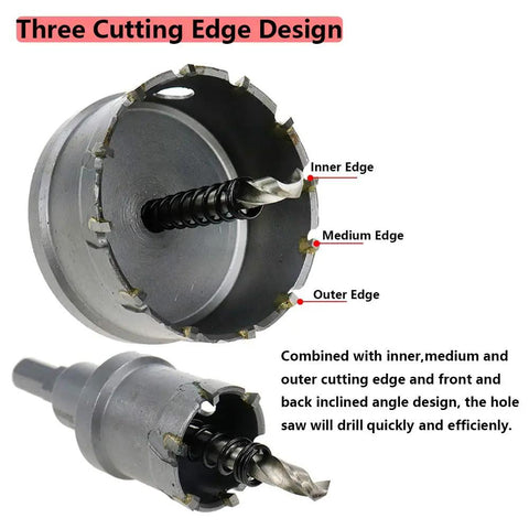 Hole Saw Kit 1.5 Inch Cutter With Carbide Tip 38mm Diameter, three cutting edges, labeled diagram, ready to use