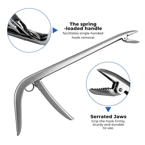 Side view of spring-loaded handle and serrated jaws of Triple Pack Fish Grippers With 2 to 3 Claw Design Plus Stainless Hook Remover