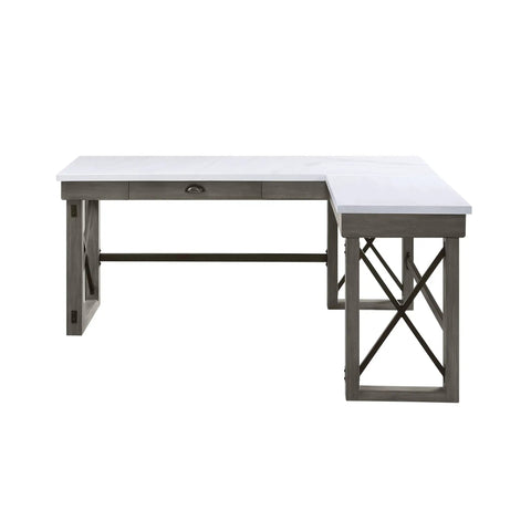 Top Notch L Shape Electric Sit Stand Computer Desk Featuring Snap Adjust Height Controls Capacious Sliding Barn Door Cabinet And Tangled Cord Elimination Setup Made For Cozy Home Offices - side view showing rustic design and drawer.