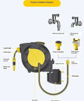 Product installation diagram for Hassle Free Wall Mounted Hose Reel With No Sweat Auto Rewind And Slick 180 Degree Swivel Bracket.