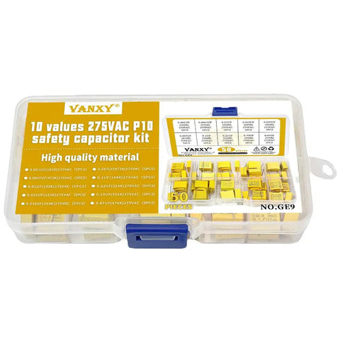 275VAC X2 MKP Safety Capacitor Kit 10 Value Pack with 50 Pieces in Yellow Plastic Case, 10mm Pitch, Polypropylene Film Capacitors