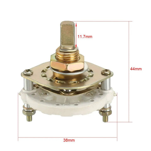 Band Selector Rotary Switch One Pole Five Position With Knob Deck Mount 9.7mm Mount Hole 6mm Shaft 0.46 Inch Shaft Length Includes Mount Nut And Black Knob Ideal For DIY Electronics Projects, showing dimensions and components