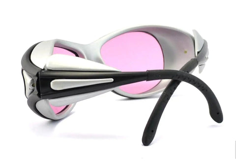 Rock Solid 808nm Infrared Laser Safety Glasses With Tough As Nails Protective Eyewear For Diode Lasers, side view showing pink lenses.