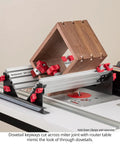 Pro Grade Spline Jig Kit For Router Table And Table Saw Making Badass Dovetail And Miter Joints With Smooth Aluminum Track in use, cutting dovetail keys.