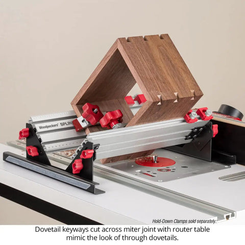 Pro Grade Spline Jig Kit For Router Table And Table Saw Making Badass Dovetail And Miter Joints With Smooth Aluminum Track in use, cutting dovetail keys.