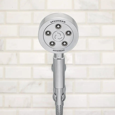 Neo Anystream High Pressure Handheld Shower Head With Hose In Polished Chrome, 2.5 GPM spray modes, wall-mounted view