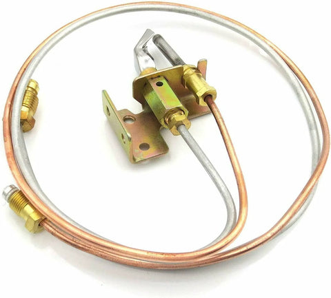 Water heater pilot assembly with thermocouple and copper tubing on metal mounting bracket
