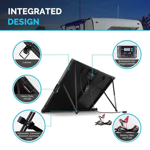 200W Portable Solar Panel Kit With Waterproof 20A Charge Controller And Foldable All-In-One Design features highlighted.