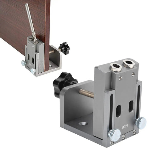 Pocket Hole Jig Kit With 15 Degree Aluminum Alloy Locator Inclined Hole Guide shown with adjustable scale and secure clamp.