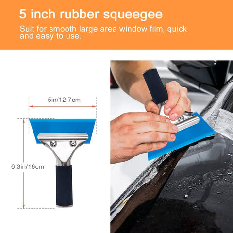 Person using a blue rubber squeegee from Nine Piece Car Window Tint Tools Kit for easy film install on car window