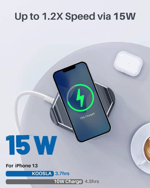 Smartphone on 15W wireless charger from Power Strip Tower With 15W Wireless Qi Charger And Surge Protector