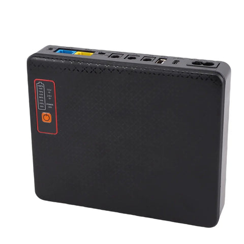 Compact Mini Ups Battery Backup With 20800Mah Capacity, black, showing ports and power indicators, ideal for routers.
