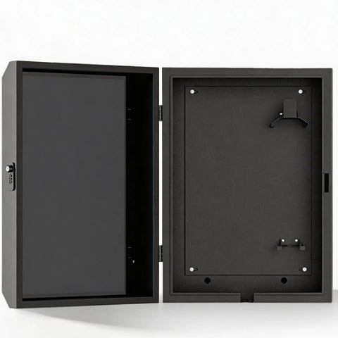 Open black steel Outdoor EV Charger Box With Cable Organizer, Waterproof Dustproof Enclosure for Tesla on display.