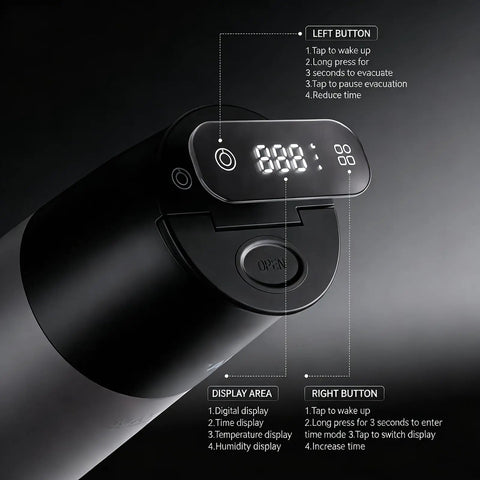 Smart Vacuum Sealed Coffee Canister With Digital Display And Humidity Monitor showing control buttons and digital readout features.