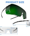 Kickass Laser Safety Glasses With OD4 Plus Protection For 180nm To 660nm Wavelengths showing size dimensions and design details.