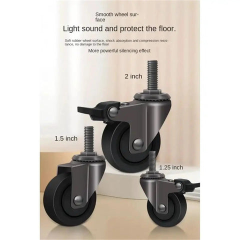 Four Piece Pack Of Heavy Duty Furniture Casters Featuring 1 Inch Silent Rubber Wheels Threaded Mounts Secure Brake Smooth Glide Daily Built Tough A Real Deal Home Upgrade, showcasing various sizes of casters.