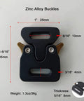 Black zinc alloy buckle with dimensions for 2 Pack Paracord Bracelet Side Release Buckles Half Inch Quick Release Clasps.