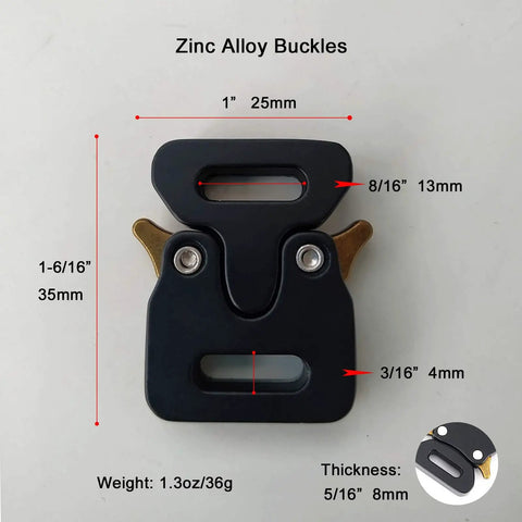 Black zinc alloy buckle with dimensions for 2 Pack Paracord Bracelet Side Release Buckles Half Inch Quick Release Clasps.