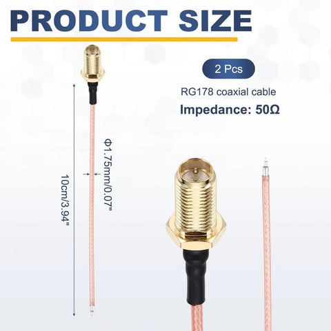 2 Pack RP SMA Female To PCB Solder Wire Pigtail Cable 4 Inch Length 10 cm RG178 Coaxial Cable With Washers And Nuts for WiFi