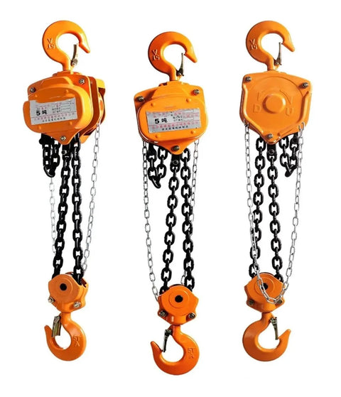 Heavy Duty 5 Ton Manual Chain Hoist Lifting Tool Perfect For Garage Work, Workshop Rigging, And DIY Projects To Get The Job Done Fast, with dual hooks and heavy chains.