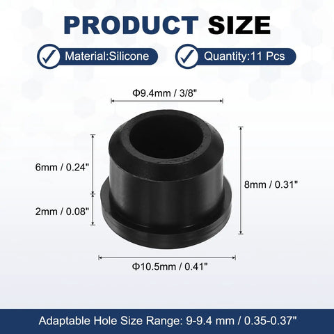 Diagram of Eleven Pack T Shaped Silicone Plugs For Nine To Nine Point Four Millimeter Holes With Three Eighth Inch Dia Snap In Rubber Seal Covers Waterproof Stoppers For Bulkheads And Kitchen Fixtures Great For DIY Projects showing dimensions and material