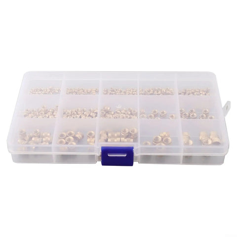 Plastic case containing Brass Threaded Inserts Kit for 3D Printing, 300Pcs M2 to M6 and 1/4-20, knurled heat set bushings for PLA and ABS.