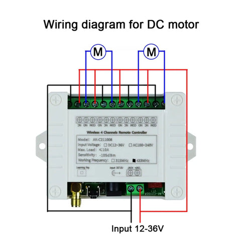 Four Channel Wireless Remote Control Switch Kit 433MHz 12V 24V 36V 10A Receiver With Two Transmitters For Garage Doors Motors Industrial Equipment And Home Automation Simple Install Wide Voltage Range Durable Build wiring diagram for DC motor, 12-36V input