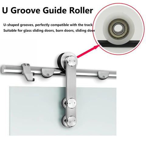 Top Shelf Quiet Nylon U-Groove Pulley Roller Wheels With Deep Groove Ball Bearings For Heavy Duty Sliding Doors And Slick Gym Cable Track Systems With Durable 8X30X10MM Guide Rollers installed on a sliding door track.
