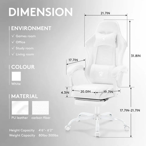 Dimensions of White Gaming Chair With Footrest And Massage Lumbar Support Gel Pad Ergonomic Reclining PU Leather Gamer Chair