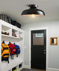 12 Inch Industrial Ceiling Light Fixture Black Metal Barn Style Semi Flush Mount in a hallway with backpacks
